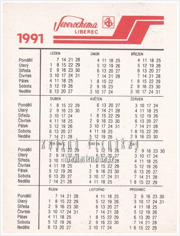 Kalendář kapesní: KOSMETIKA SUSY, Severochema Liberec 1991 (akt žena)