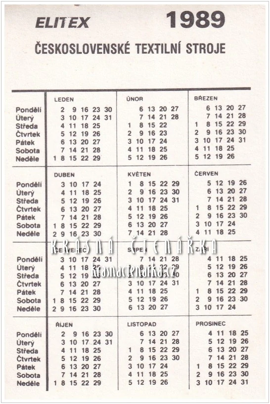 Kalendář kapesní: ELITEX, Československé textilní stroje Liberec 1989 (akt žena)