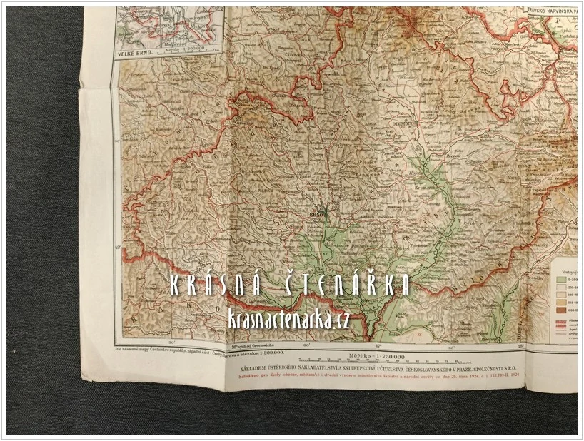 MORAVA A SLEZSKO, Školní přehledná mapa z roku 1924