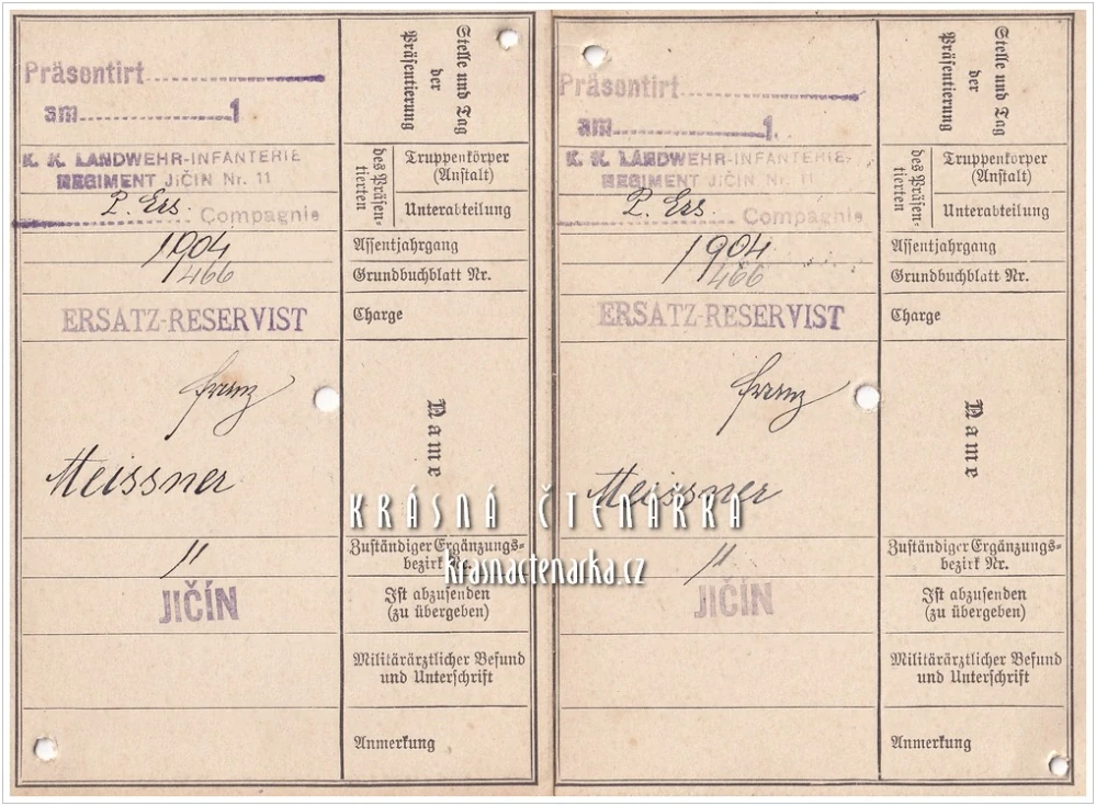 LANDWEHRPASS PRO ERSATZ-RESERVIST Franz Meissner | k. k. Landwehrinfanterieregiment Jičín | Originální vojenský doklad rakousko-uherské zeměbrany