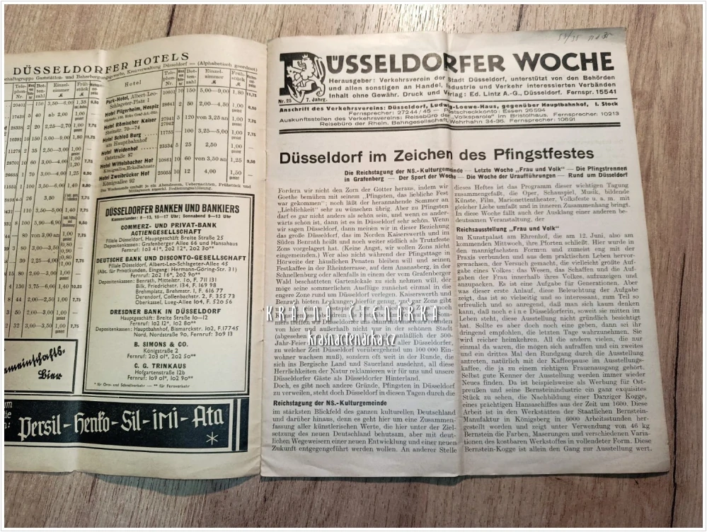 Oficiální programová brožura či turistický průvodce „DÜSSELDORFER WOCHE“ (Düsseldorfský týden) z roku 1935, vydaný pro akce konané v týdnu od 8. do 15. června 1935
