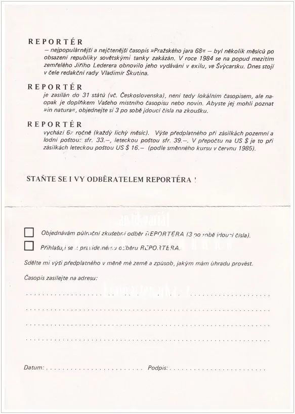 Objednávkový lístek: ČASOPIS REPORTÉR