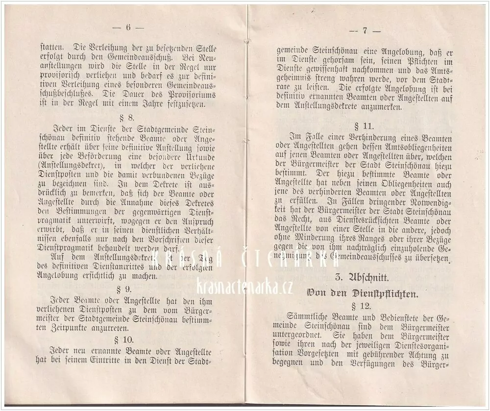 Dienst-Pragmatik und Vorschriften (Služební předpisy pro zaměstnance Sparkasse v Kamenickém Šenově)