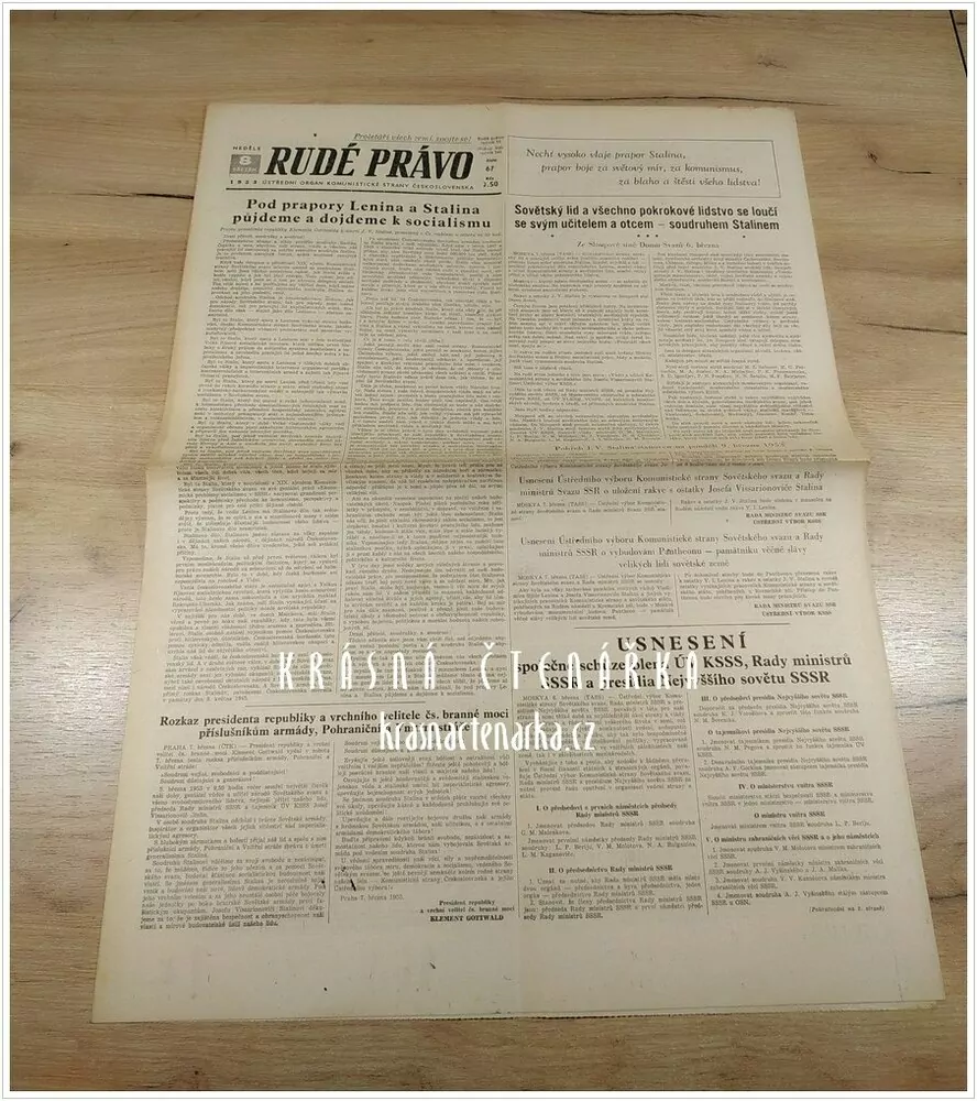 RUDÉ PRÁVO, číslo z 8.3. 1953, Pod prapory Lenina a Stalina půjdeme a dojdeme k socialismu