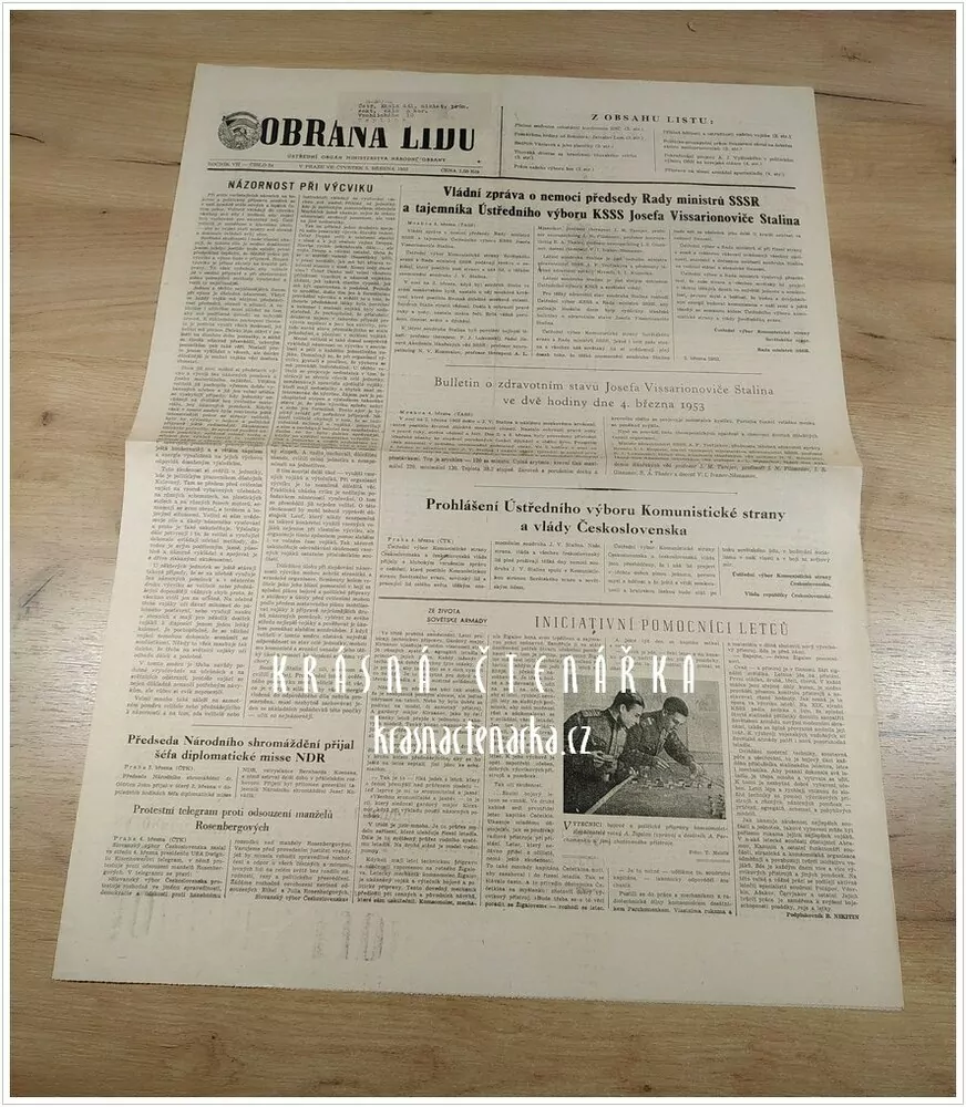OBRANA LIDU, číslo 56 z 7.3. 1953, Bulletin o zdravotním stavu J. V. Stalina ve dvě hodiny dne 4. března 1953