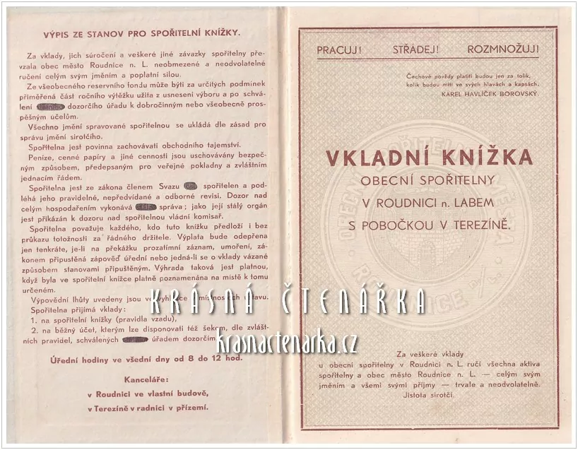 VKLADNÍ KNÍŽKA Obecní spořitelny, Roudnice nad Labem