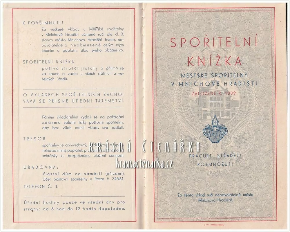 SPOŘITELNÍ KNÍŽKA Městské spořitelny, Mnichovo Hradiště