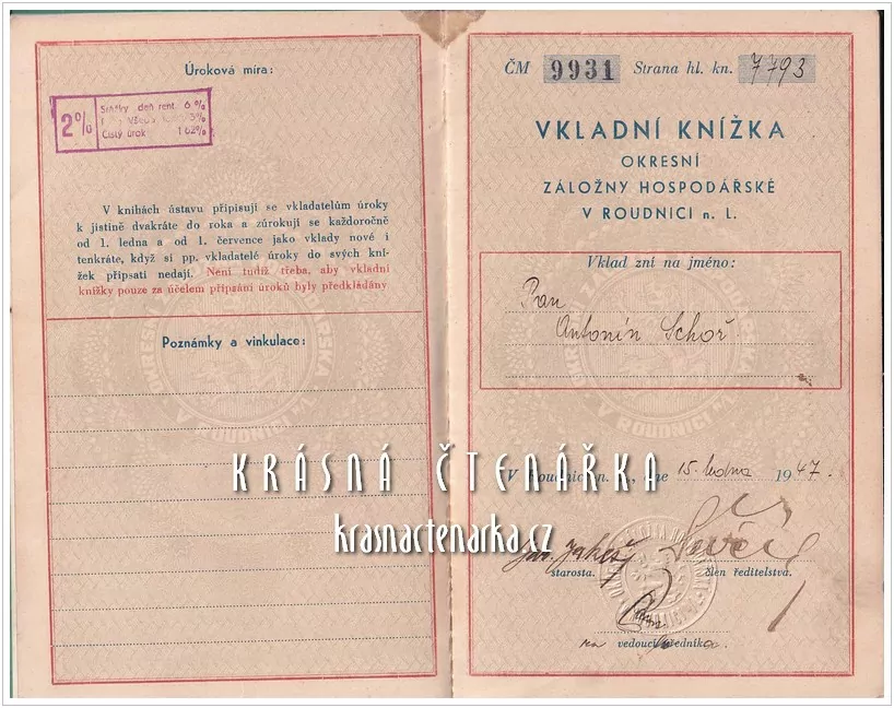 VKLADNÍ KNÍŽKA Okresní záložny hospodářské, Roudnice nad Labem