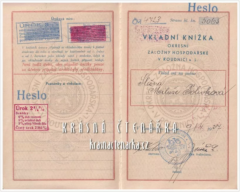 VKLADNÍ KNÍŽKA Okresní záložny hospodářské, Roudnice nad Labem