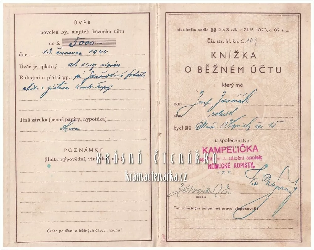 KNÍŽKA O BĚŽNÉM ÚČTU u společenstva Kampelička, Německé Kopisty