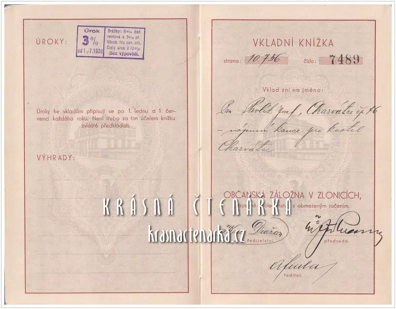 VKLADNÍ KNÍŽKA Občanské záložny, Zlonice