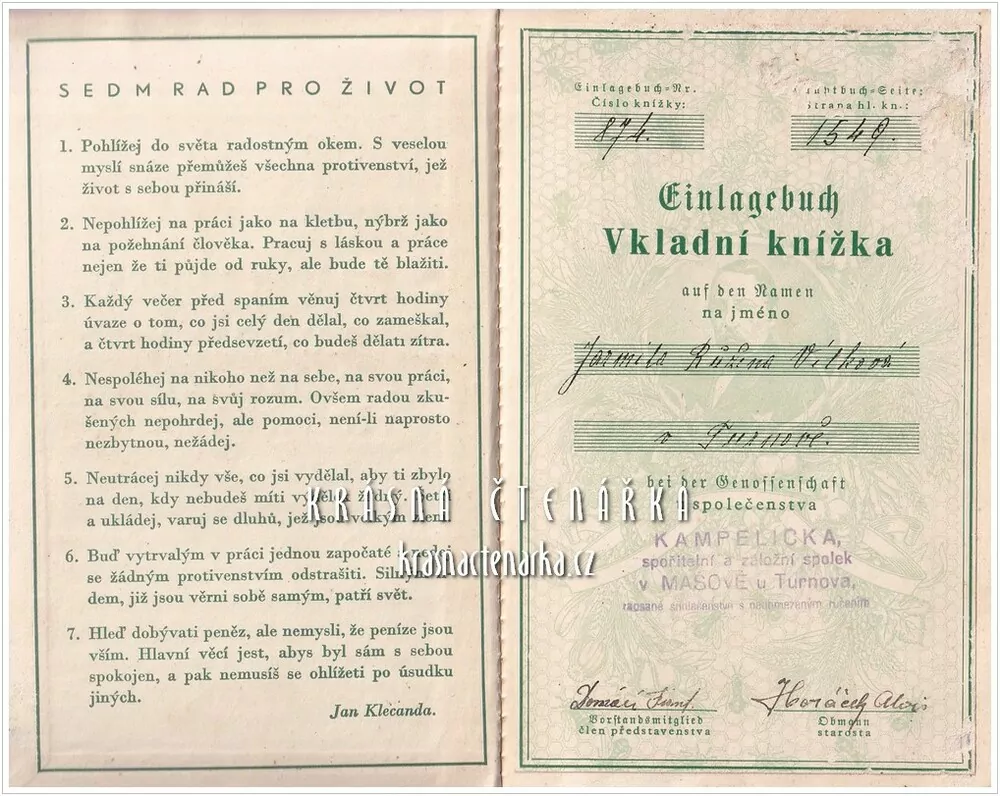 VKLADNÍ KNÍŽKA u společenstva Kampelička, Mašov u Turnova