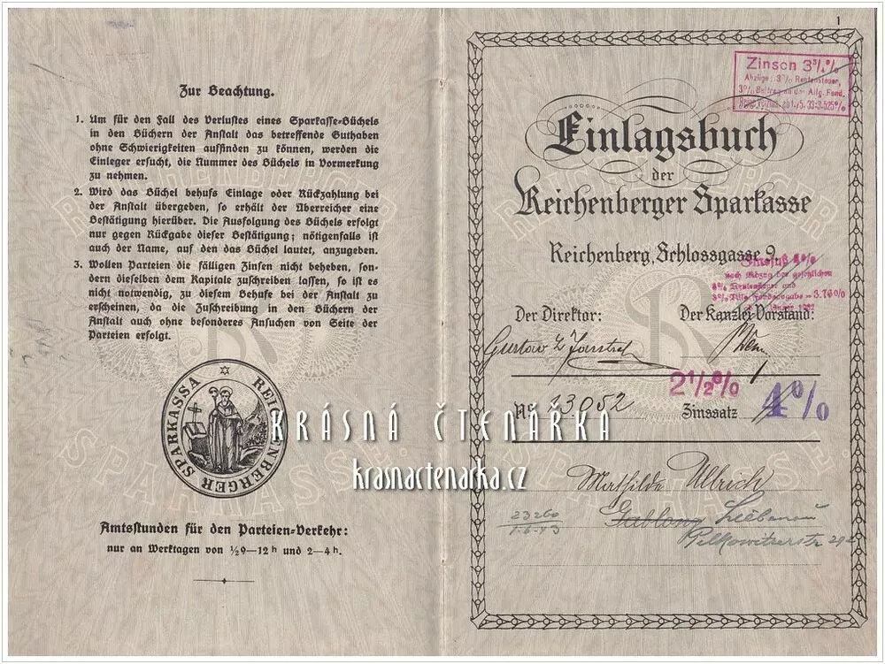 EINLAGSBUCH der Reichenberger Sparkasse (Liberec)