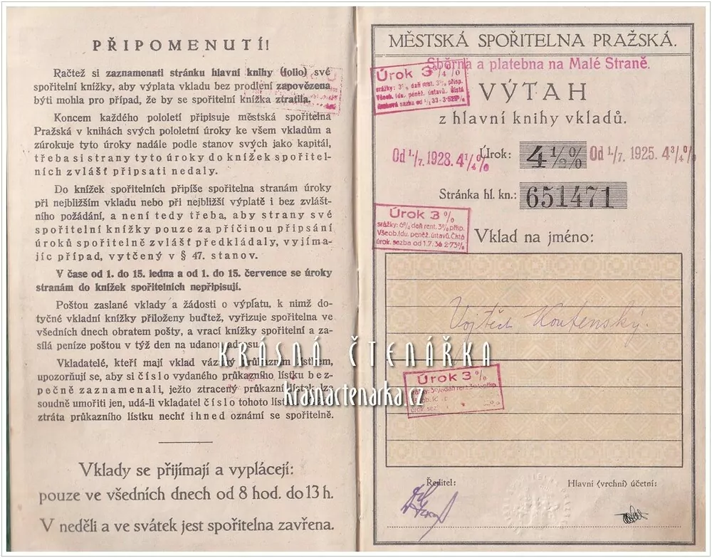 SPOŘITELNÍ KNÍŽKA, Městská spořitelna pražská, Sběrna a platebna na Malé Straně