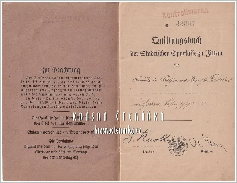 QUITTUNGSBUCH der Städtischen Sparkasse zu Zittau (Žitava)