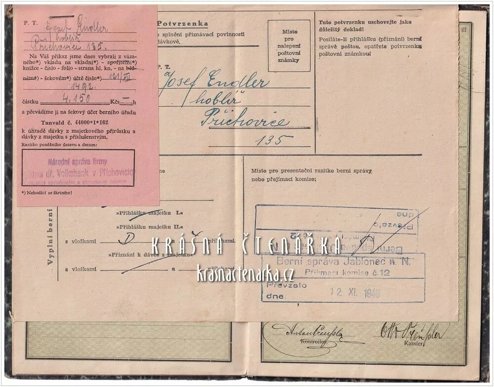 EINLAGSBUCH des Spar und Vorschuß-Vereines in Stefansruh (Příchovice)