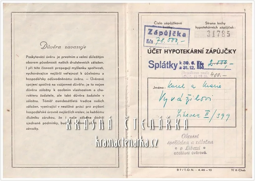 ZÁPŮJČKOVÁ KNÍŽKA, Okresní spořitelna a záložna, Liberec