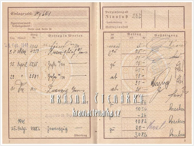 AUSZUG aus dem EINLAGEN - KAPITALIENBUCH der Kreditanstalt der Deutschen, Reichenberg (Liberec)