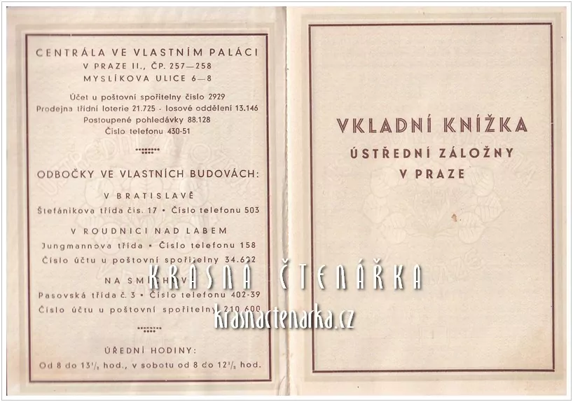 VKLADNÍ KNÍŽKA Ústřední záložny, Praha