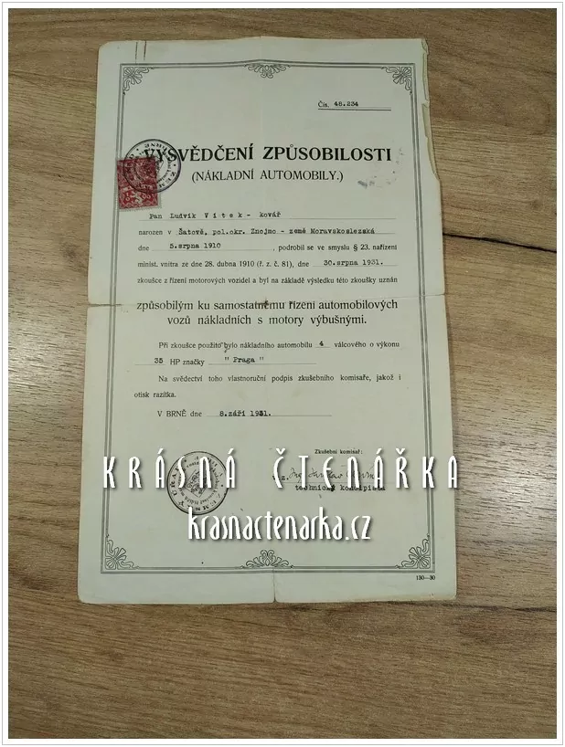 VYSVĚDČENÍ ZPŮSOBILOSTI (NÁKLADNÍ AUTOMOBILY) z roku 1931