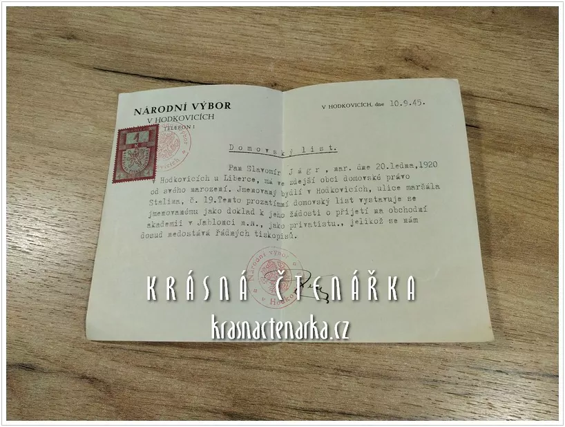 DOMOVSKÝ LIST získaný narozením v obci, Hodkovice nad Mohelkou