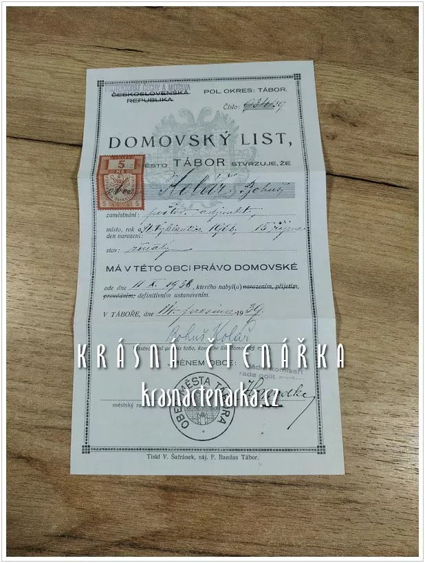 DOMOVSKÝ LIST získaný definitivním ustanovením, Tábor