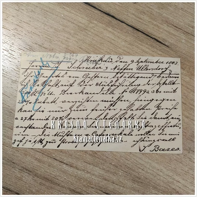 KORESPONDENČNÍ LÍSTEK pro pana Schreibera z Velkých Losin, 1883, razítko KRAKÓW