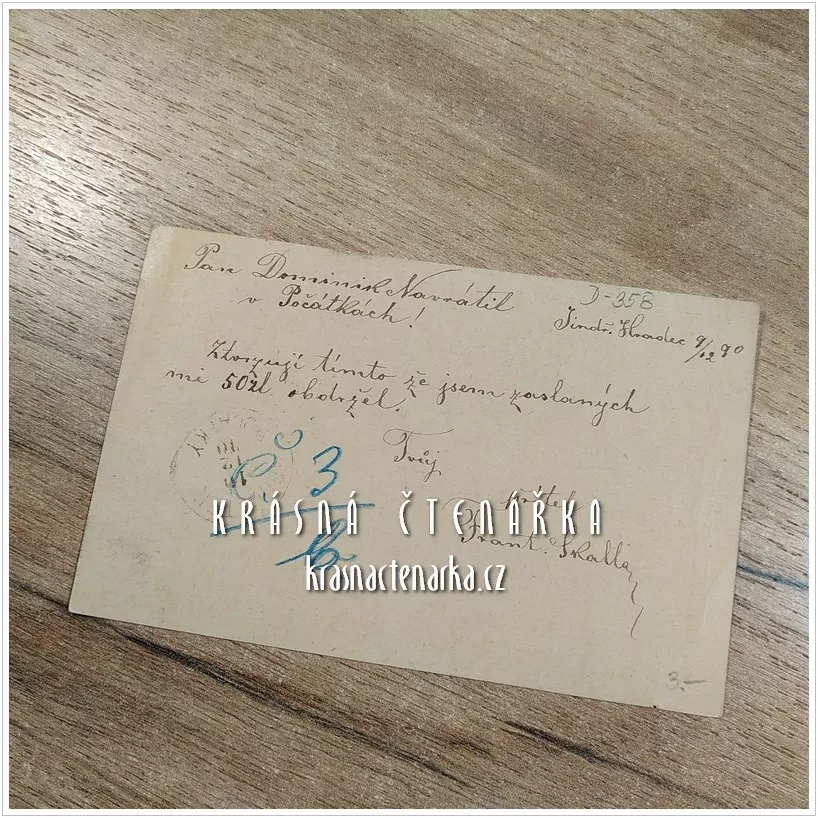 KORESPONDENČNÍ LÍSTEK, Oznámení o obdržení finanční částky z roku 1890, razítko JINDŘICHŮV HRADEC