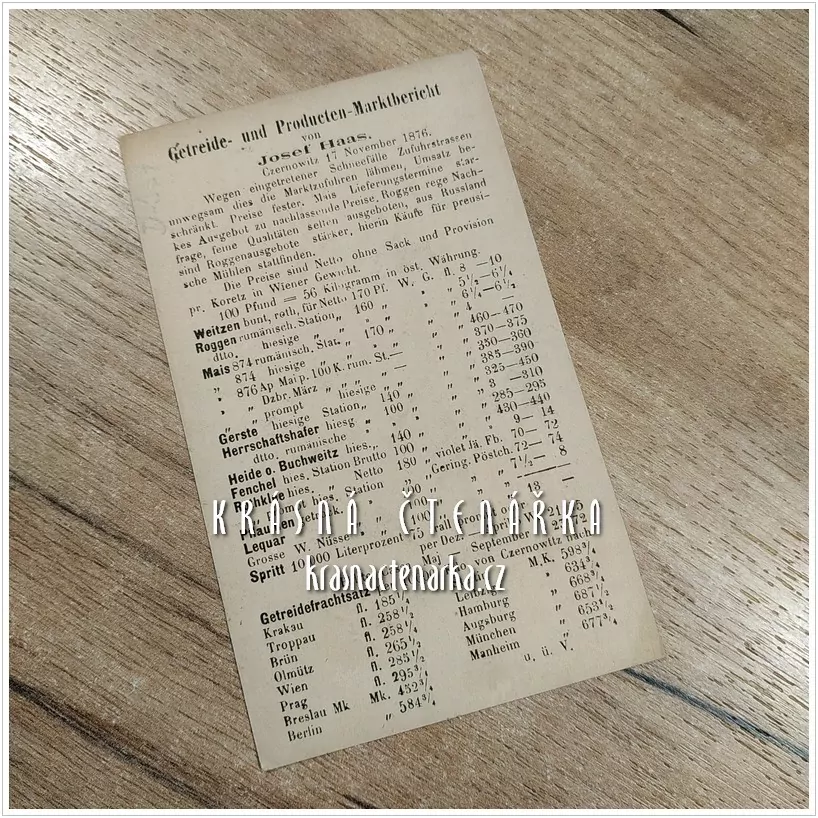 KORESPONDENČNÍ LÍSTEK, Obchodní nabídkový list z roku 1876, razítko PRAG / CZERNOWITZ