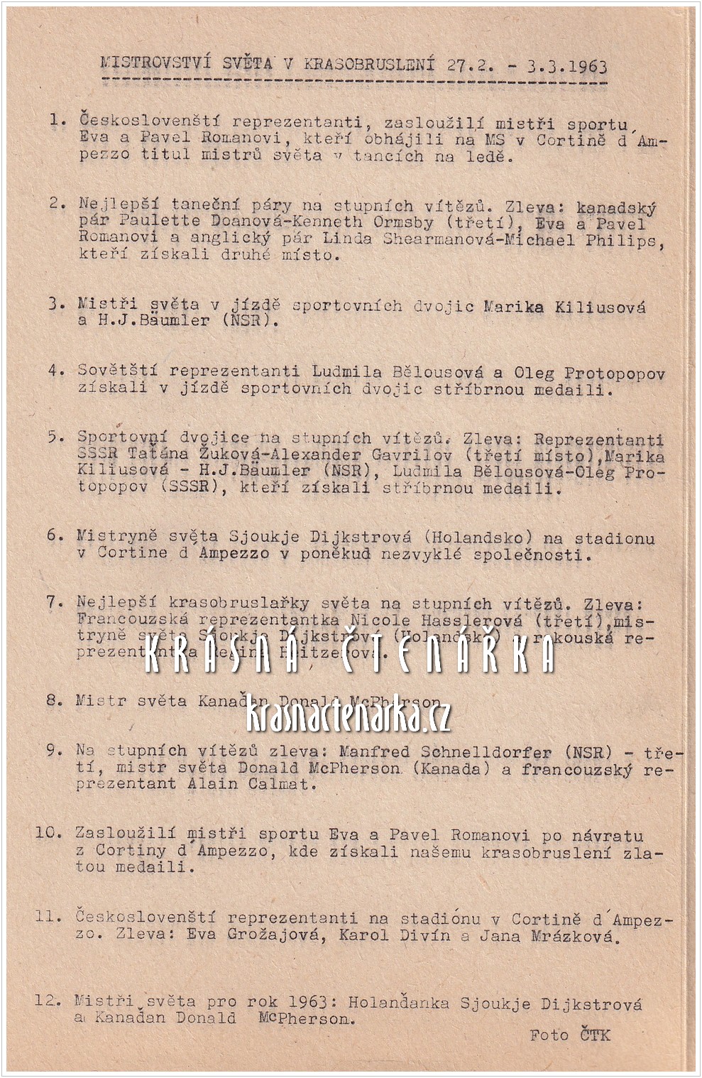 MISTROVSTVÍ SVĚTA V KRASOBRUSLENÍ 27.2. - 3.3. 1963, 12 ks