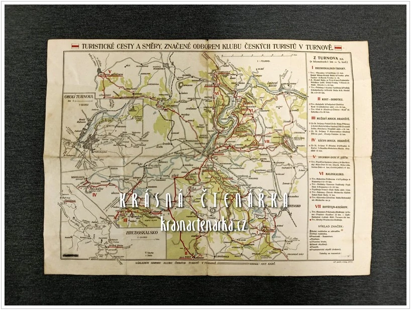 MAPA: TURNOV, TURISTICKÉ CESTY A SMĚRY, ZNAČENÉ ODBOREM ČESKÝCH TURISTŮ V TURNOVĚ