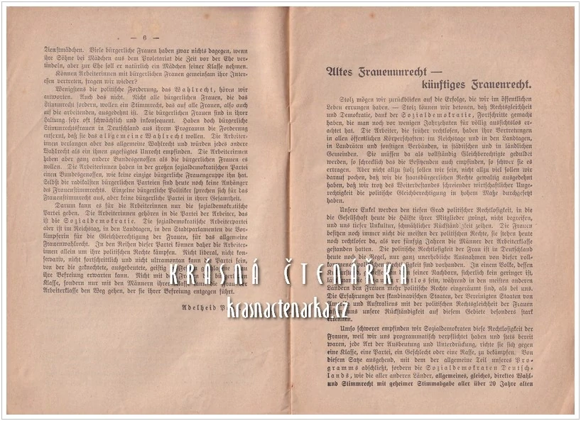 GLEICHES RECHT FÜR DIE FRAUEN !, Eine Werbeschrift mit Beiträgen von E. Freundlich, S. Nestriepke, A. Popp (Stejné právo pro ženy!)