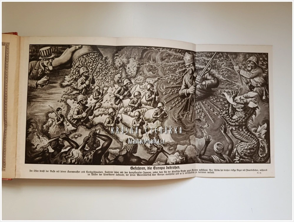 ILLUSTRIERTER UNIVERSAL-KALENDER FÜR DAS SCHALTJAHR 1936 | Politické obrazové přílohy: Nebezpečí, která ohrožují Evropu, Podíl Slovanů na obyvatelstvu Evropy stále roste!