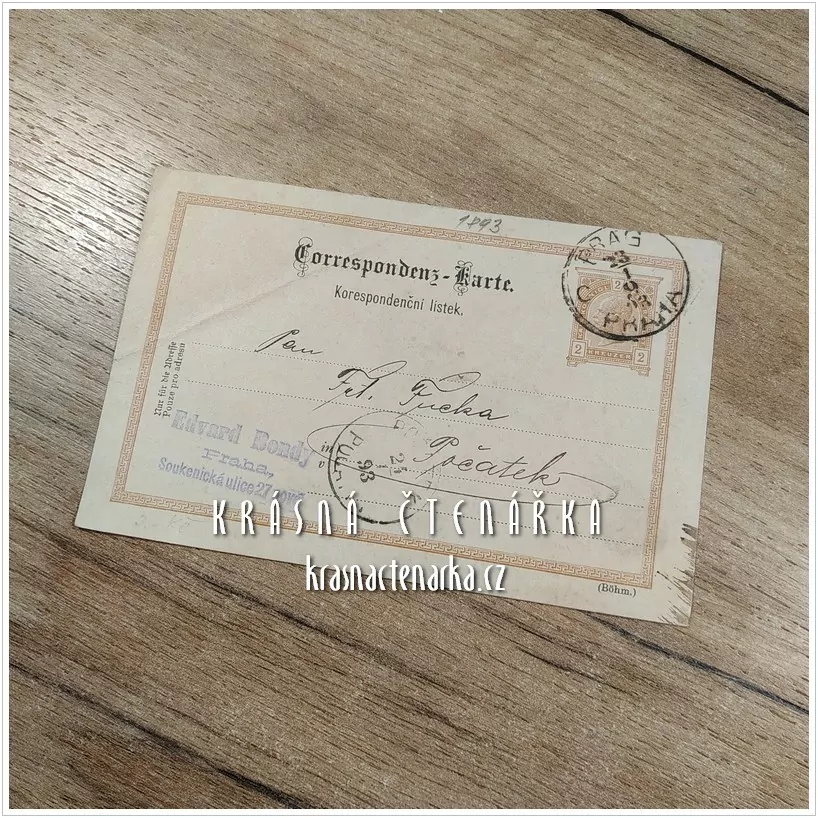 KORESPONDENČNÍ LÍSTEK, Žádost o vyrovnání dluhu z roku 1893, razítko PRAHA