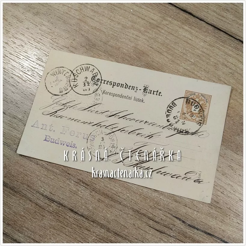 KORESPONDENČNÍ LÍSTEK, Finanční žádost z roku 1884, razítko WINTERBERG / KUSCHWARDA / BUDĚJOVICE