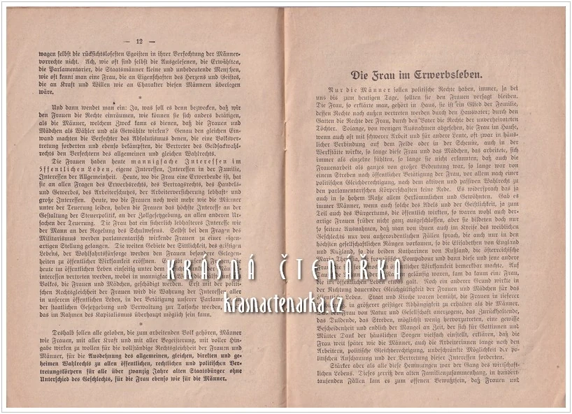 GLEICHES RECHT FÜR DIE FRAUEN !, Eine Werbeschrift mit Beiträgen von E. Freundlich, S. Nestriepke, A. Popp (Stejné právo pro ženy!)