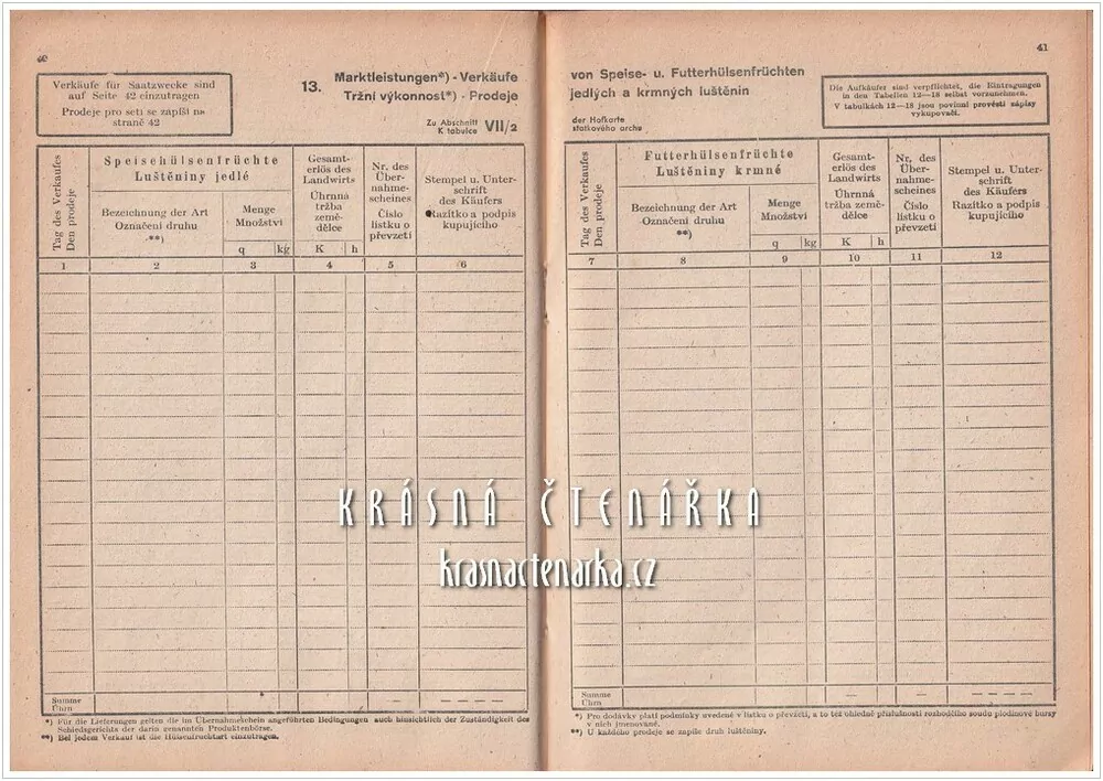 POMOCNÁ KNÍŽKA K STATKOVÉMU ARCHU 1944/45 a zároveň výkaz pro Českomoravské trhové svazy