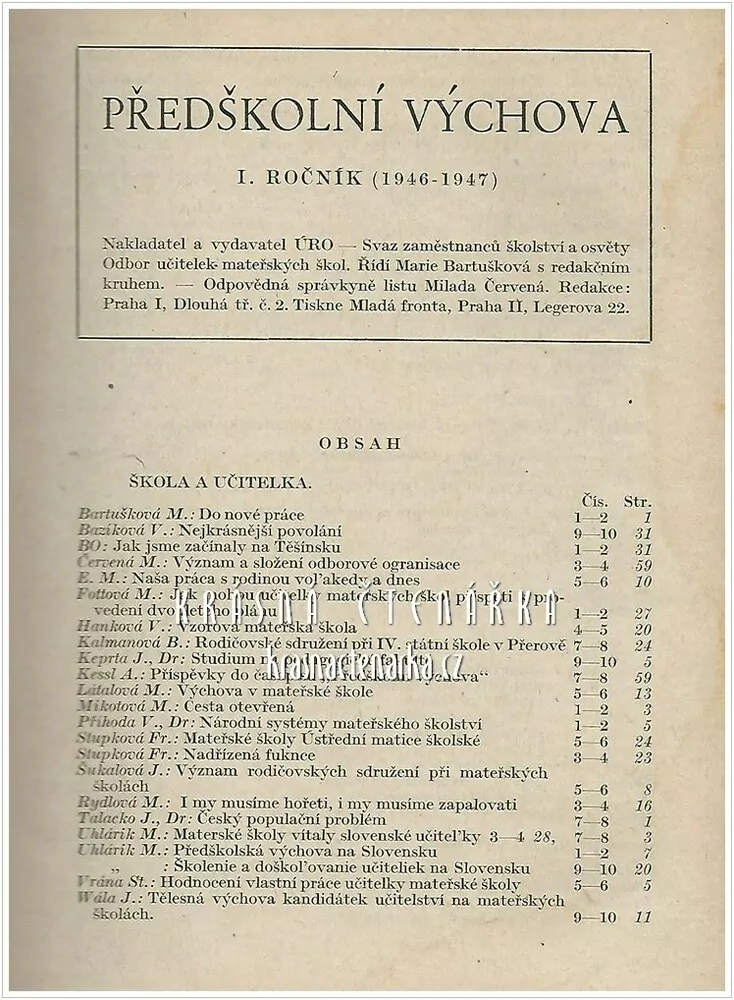 PŘEDŠKOLNÍ VÝCHOVA (ročník 1946 – 1947) 