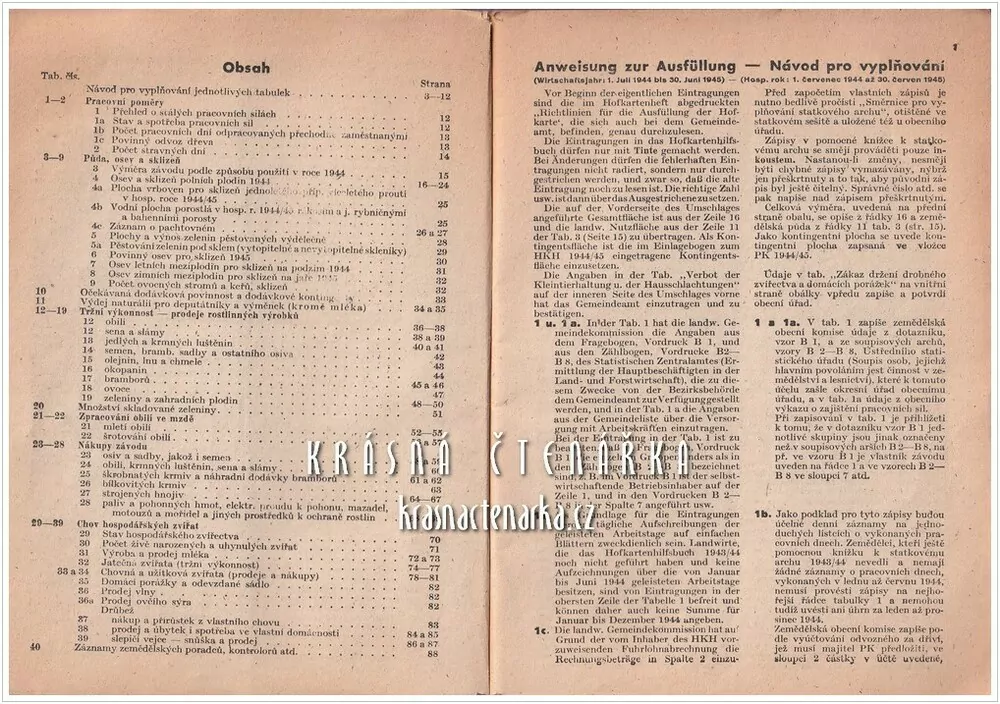 POMOCNÁ KNÍŽKA K STATKOVÉMU ARCHU 1944/45 a zároveň výkaz pro Českomoravské trhové svazy