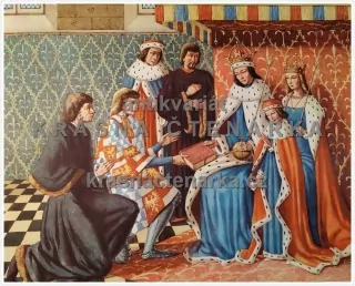 Macmillan's History Pictures: EARL RIVERS OBDAROVÁVÁ SVOU KNIHOU KRÁLE EDWARDA IV., 15. stol.