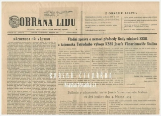 OBRANA LIDU, číslo 56 z 7.3. 1953, Bulletin o zdravotním stavu J. V. Stalina ve dvě hodiny dne 4. března 1953