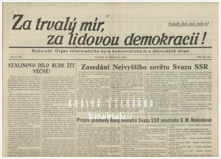 ZA TRVALÝ MÍR, ZA LIDOVOU DEMOKRACII, číslo 12 z 20.3. 1953 věnované Klementu Gottwaldovi