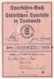SPARKASSENBUCH der Städtischen Sparkasse in Tannwald (Tanvald)