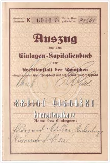 AUSZUG aus dem EINLAGEN - KAPITALIENBUCH der Kreditanstalt der Deutschen, Reichenberg (Liberec)