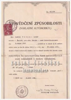 VYSVĚDČENÍ ZPŮSOBILOSTI (NÁKLADNÍ AUTOMOBILY) z roku 1931
