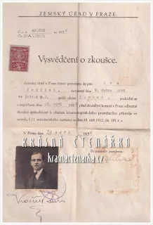 VYSVĚDČENÍ O ZKOUŠCE způsobilosti k obsluze kinematografického promítacího přístroje z roku 1930