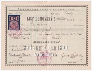 DOMOVSKÝ LIST získaný narozením po otci, Bratříkov