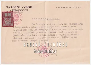 DOMOVSKÝ LIST získaný narozením v obci, Hodkovice nad Mohelkou