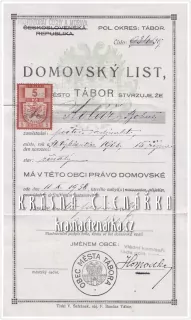 DOMOVSKÝ LIST získaný definitivním ustanovením, Tábor