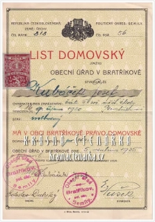 DOMOVSKÝ LIST získaný narozením po otci, Bratříkov